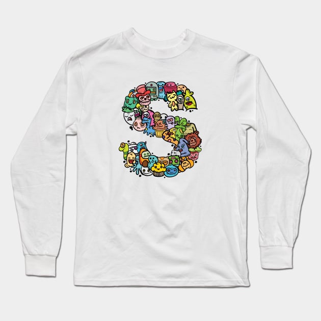 Alphabet Monster Doodle Letter S Monogram Long Sleeve T-Shirt by Irene Koh Studio